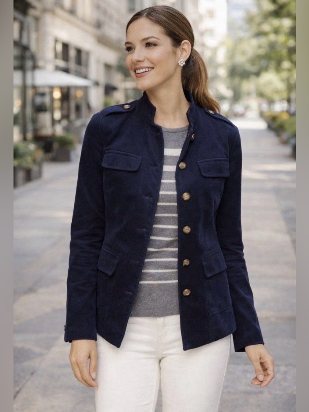 Talbots Plus Navy Blue Velvet Military Jacket Blazer 16W NWT Equestrian Preppy